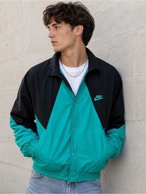 Vintage Gray Tag Nike Windbreaker Jacket Teal/Black Colorblock Snap Medium